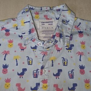 Clandestina Cuba Pixel Art Button Down Sateen Cotton Shirt L